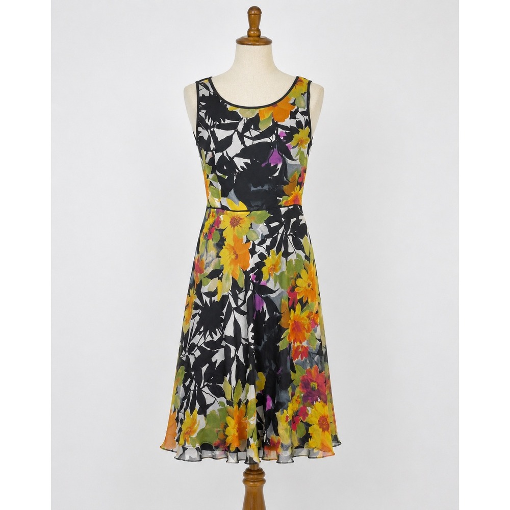 Talbots Petites Pure Silk Floral Fit & Flare Midi Dress Yellow Orange Black 12P